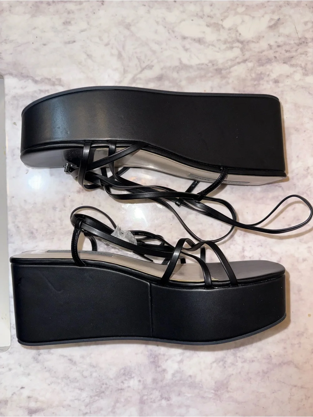 Charles & Keith Black Strappy Platform Sandals with Ankle Wrap